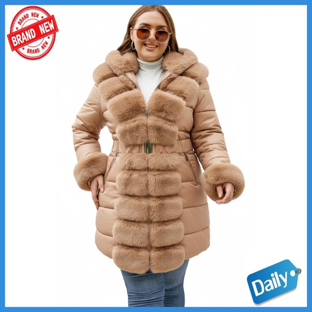 Plus Size Oversized Winter Puffer Coat Hooded Faux Fur Lined Jacket